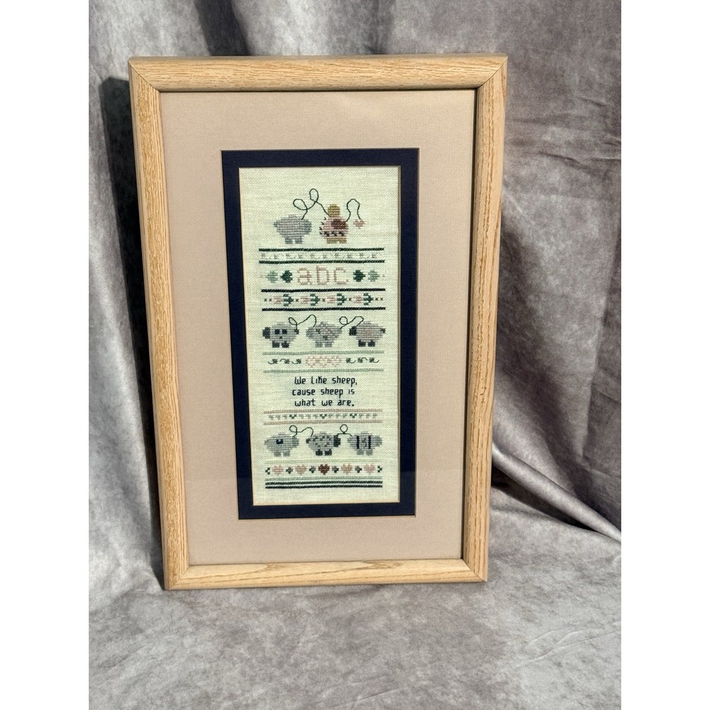 Vintage Framed Handmade Needlepoint Cross-stitch Alphabet Sampler Sheep Hearts